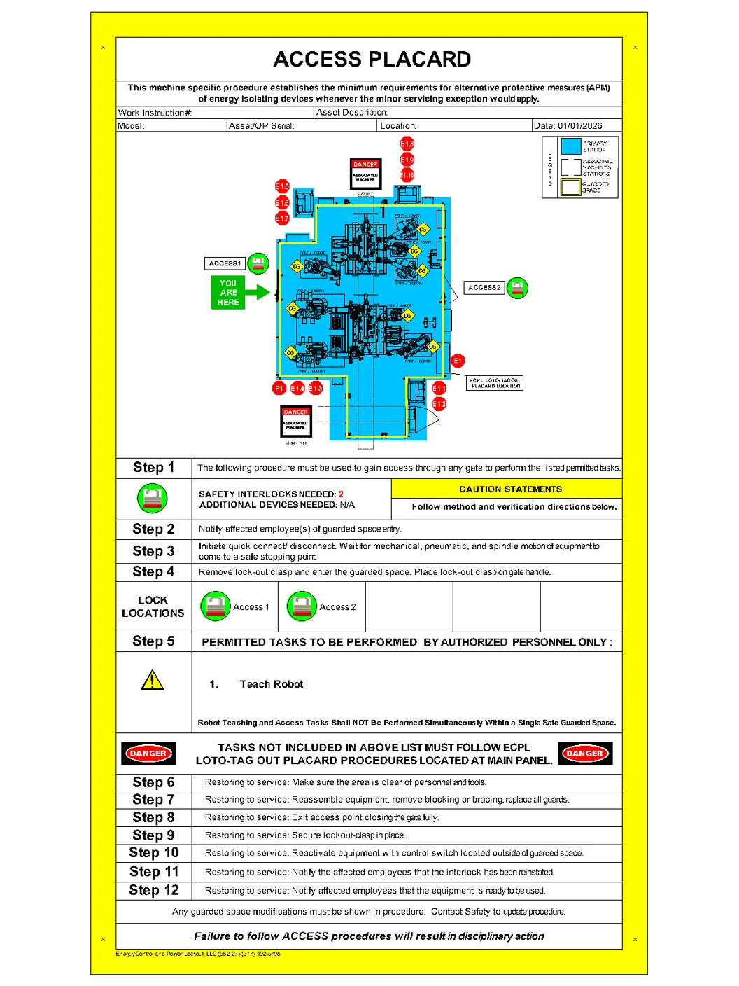 Access control placard installed at the gated entry of an industrial robotic cell, the kind of automation safeguard required across Detroit automotive welding and assembly operations