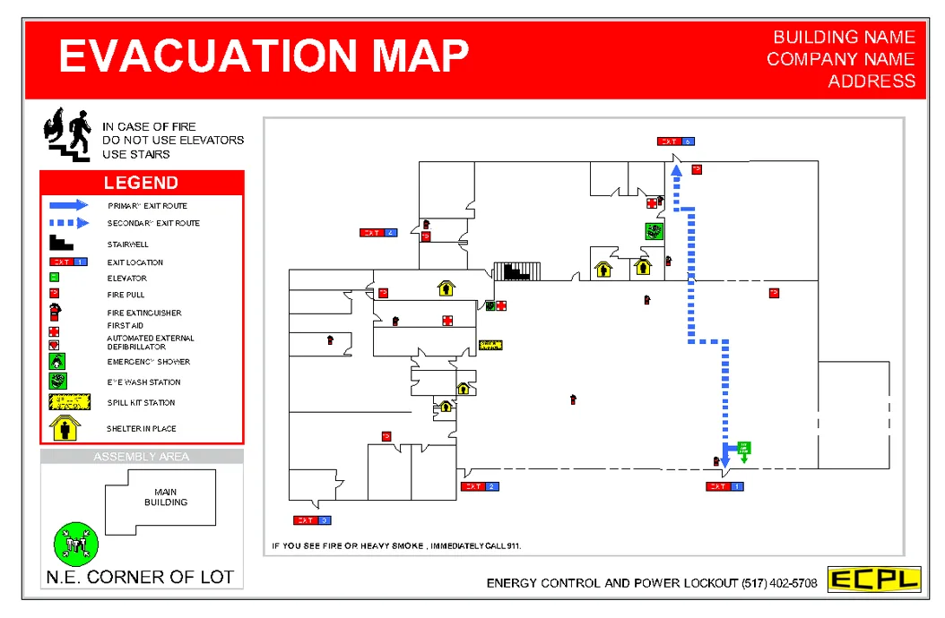 Custom evacuation map mounted on a wall in an industrial facility, exit routes and assembly points marked, updated as floor plans change