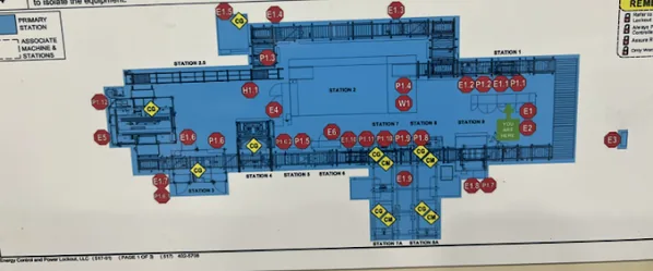 Wall-mounted facility-wide LOTO map showing every station and lockout point, the kind of centralized documentation that supports both OSHA 1910.147 and FDA equipment-control frameworks for Indianapolis pharma, life sciences, and warehouse operations