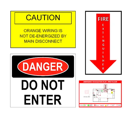 Examples of safety sign formats including CAUTION, DANGER, FIRE EXTINGUISHER, and emergency evacuation plan, all ANSI Z535 compliant